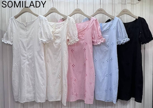 Women Spring Round Neck Hollow Embroidered Lace Dress
